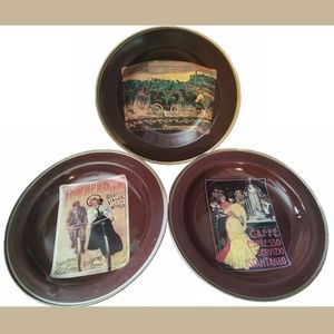 VINTAGE NEVCO Tin Metal Brown Advertising Trays/Bowls Set Of 3/Espresso/Bicycle